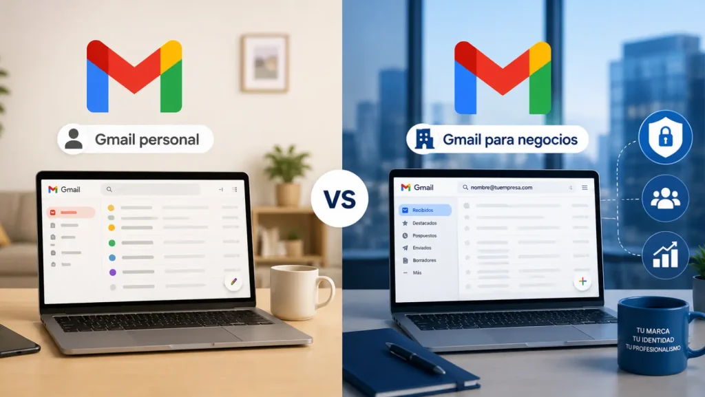 Diferencia entre correo electrónico empresarial y Gmail personal en oficina moderna